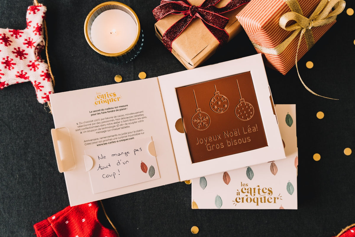 Cartes de Noël avec chocolat en relief dans une boîte en argent, lot de 5,  motif de carte : Sapins de Noël mélangés, chocolat en relief : Frohe